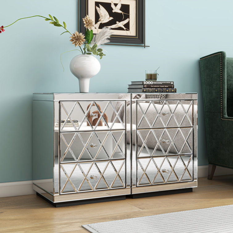 shyfoy 3 Drawers Mirrored Glass Nightstand Set of 2 Wayfair